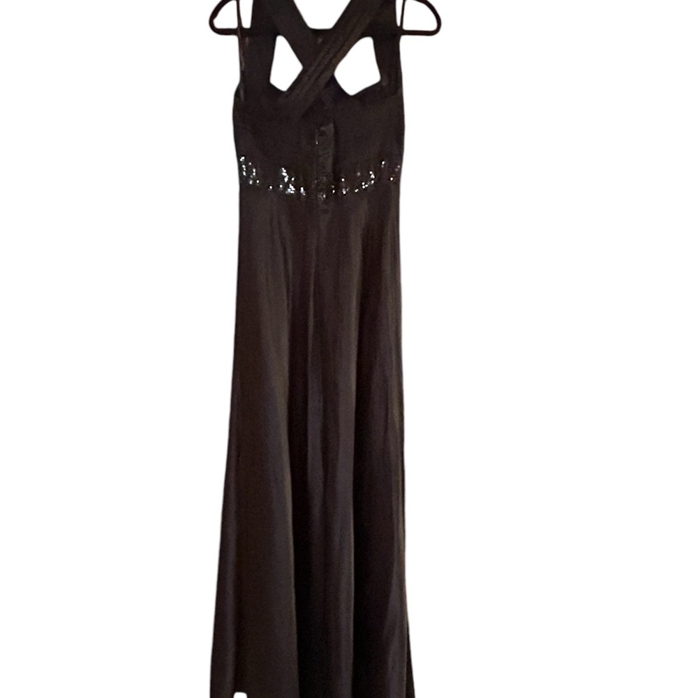 Calvin Klein Black Satin Sleeveless Full Length Ball Gown, sequin band